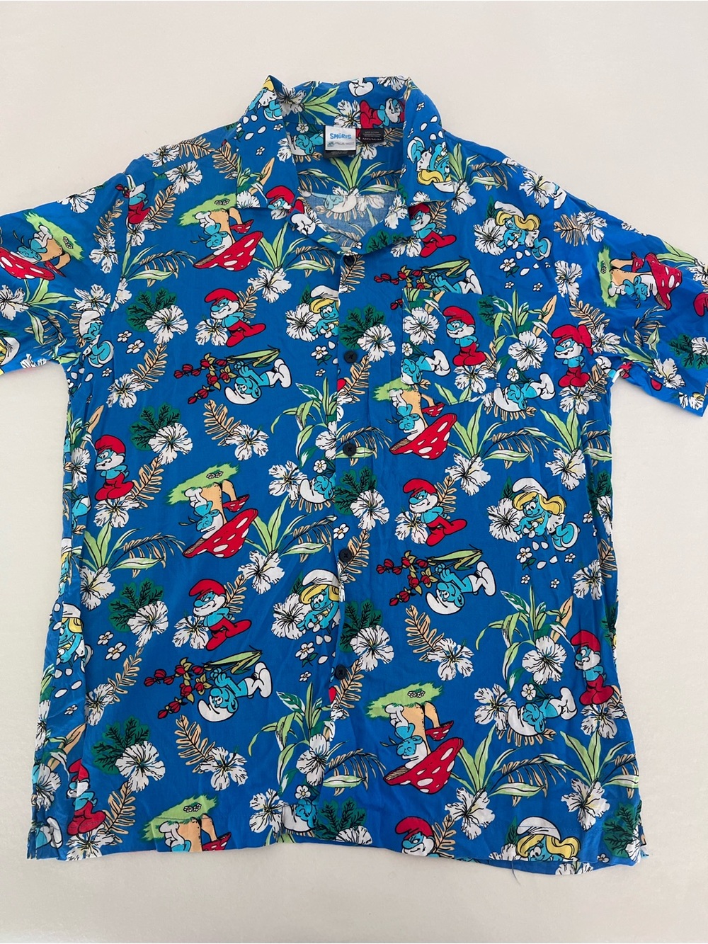 MAD Engine Bright Blue Tropical Cartoon Print Button-Down Shirt